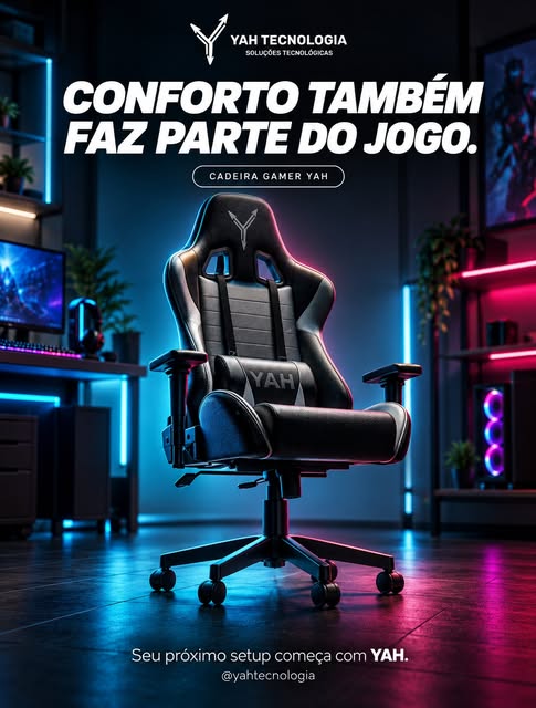 Cadeira gamer YAH preta num quarto com luzes neon
