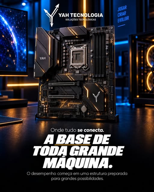 Placa-mãe YAH com dissipadores e detalhes em luz âmbar