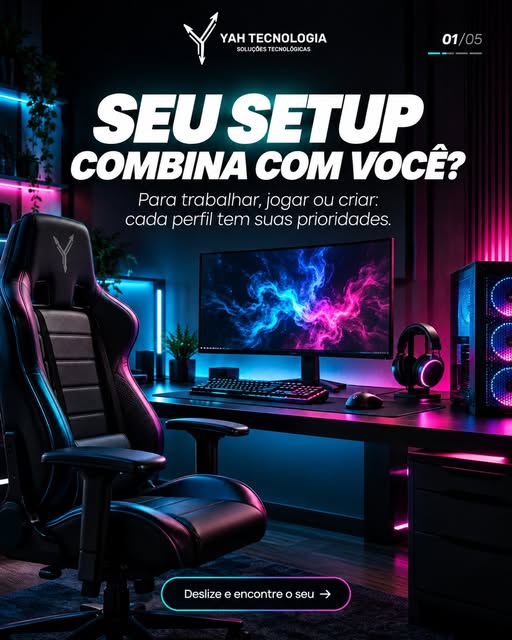 Setup gamer com cadeira YAH, monitor, teclado RGB, headset e gabinete iluminado