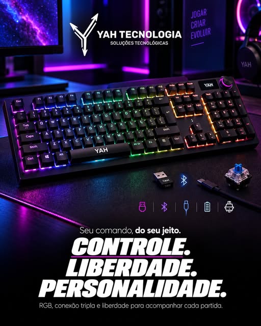 Teclado YAH full size com iluminação RGB, receptor sem fio e switch mecânico